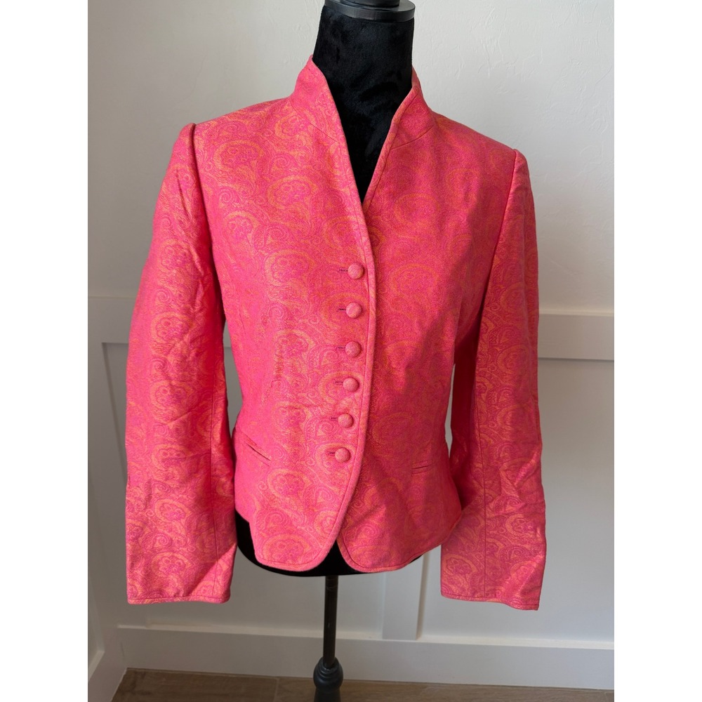 Linda Allard Ellen Tracy Vintage Pink Orange Paisley Jacquard Blazer Jacket Sz 8 - Picture 2 of 8
